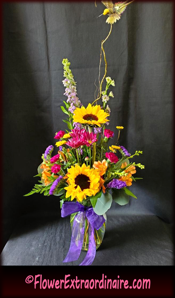 autumn/fall and Thanksgiving flowers, yellow, red, orange, purple with yellow hummingbird