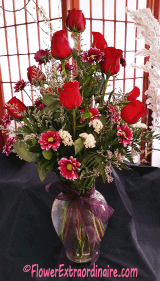 flowers in vase red roses, more