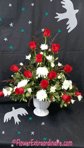 red roses, white mums + additional flowers